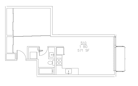 Floor plan for 1 bed, 1 bath, 571 sqft